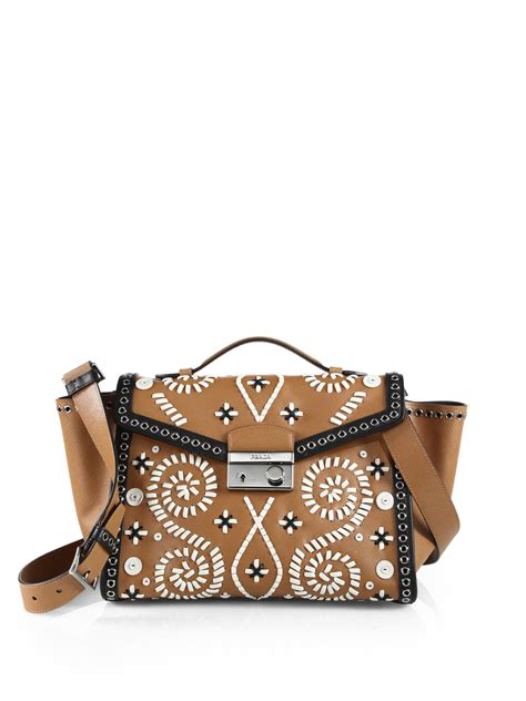 prada saffiano embroidered pattina shoulder bag caramel|Prada Embroidered Saffiano Shoulder Bag, Brown/White .